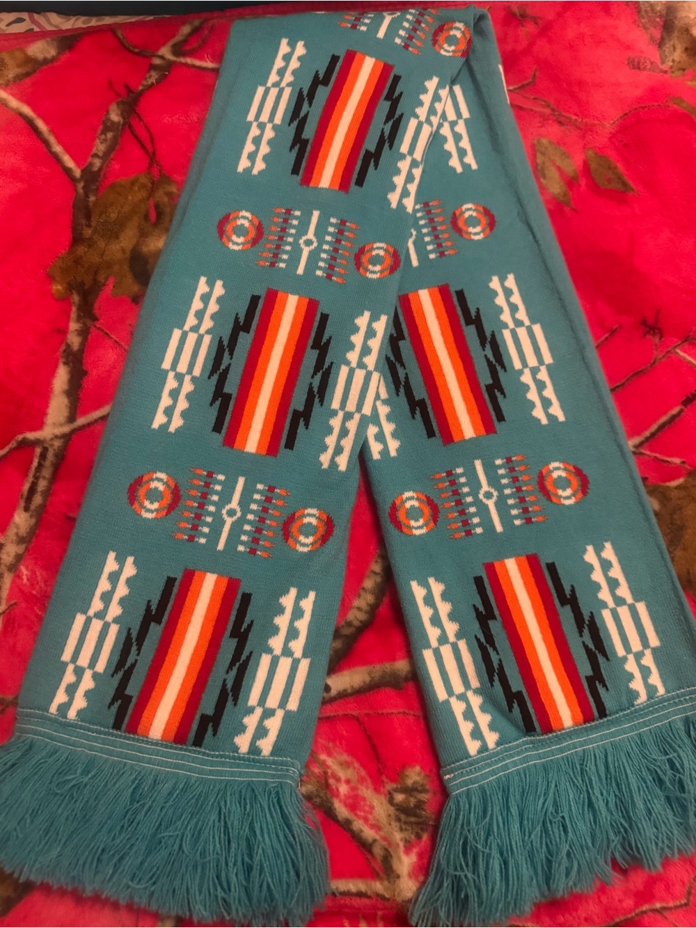 Turquoise Southwestern Fringe Scarf with Multicolor Geometric Pattern